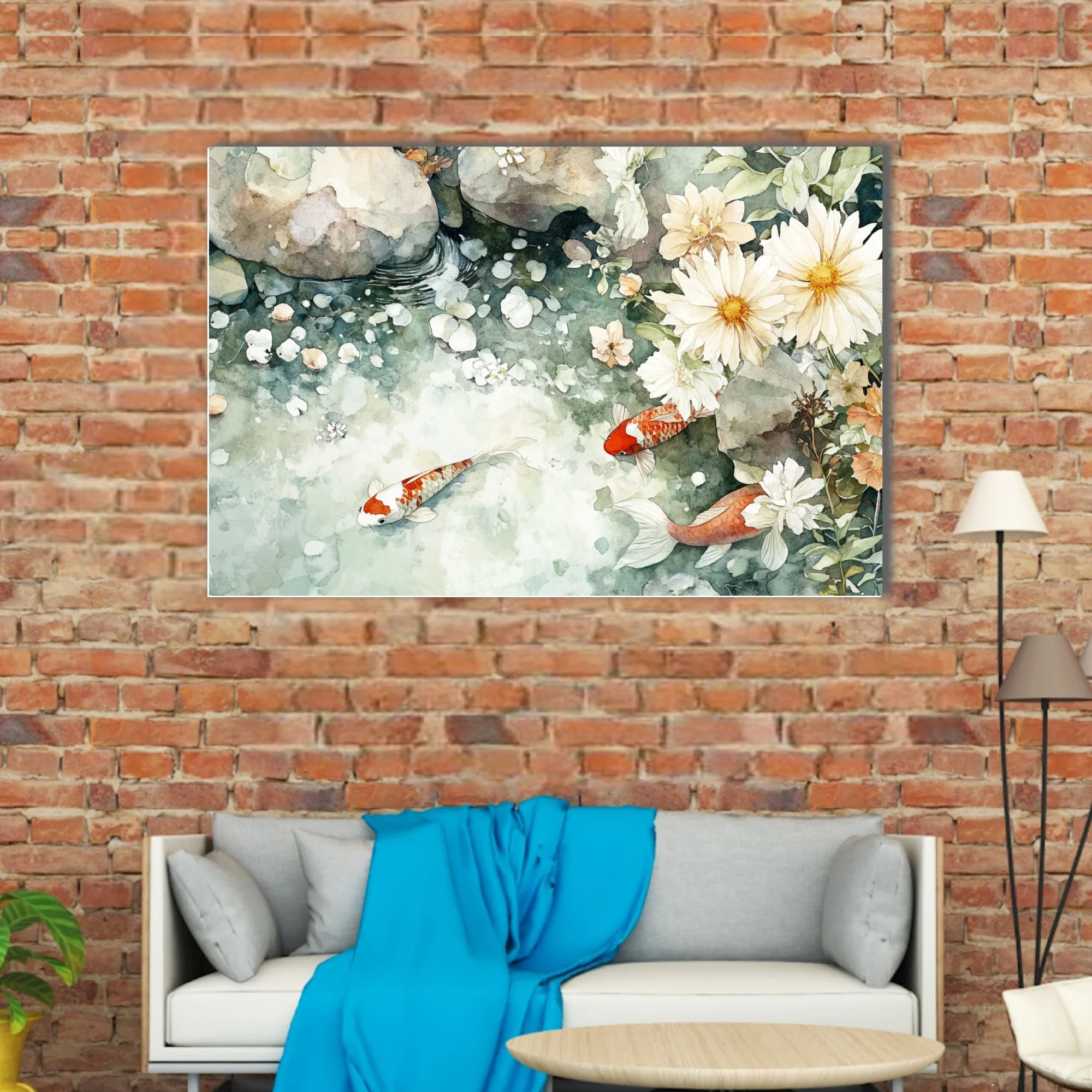 Watercolor-style koi pond with white daisy blooms and stone — sage green palette