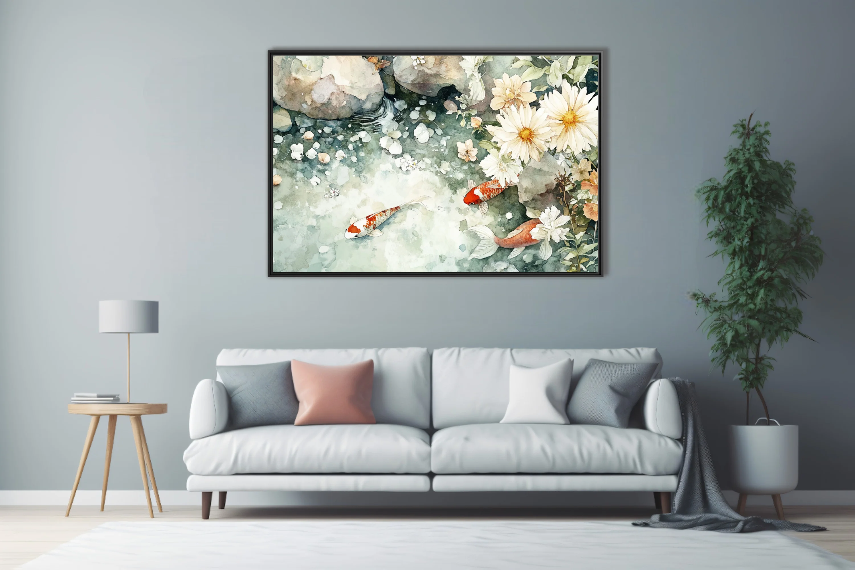 Watercolor-style koi pond with white daisy blooms and stone — sage green palette