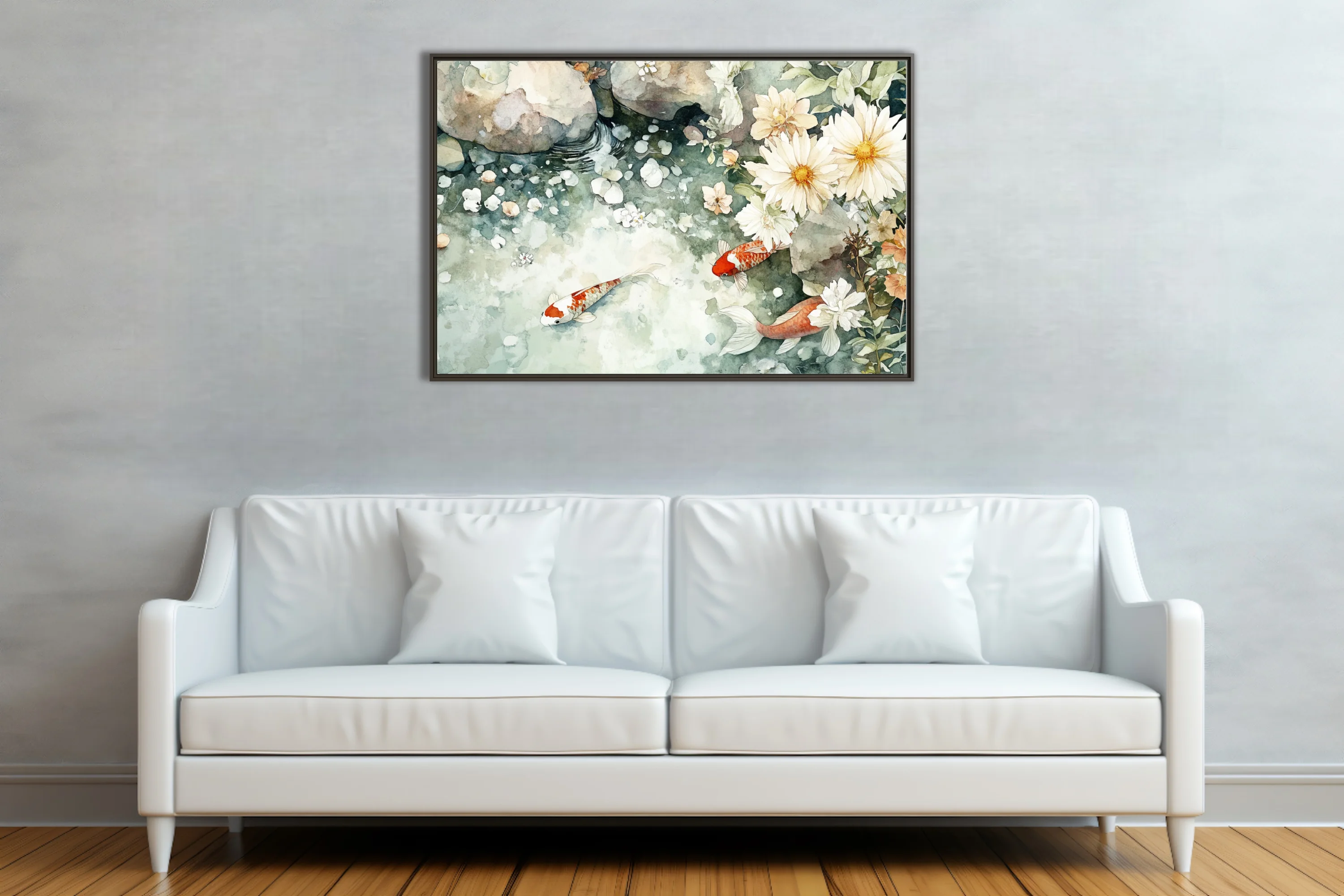 Watercolor-style koi pond with white daisy blooms and stone — sage green palette