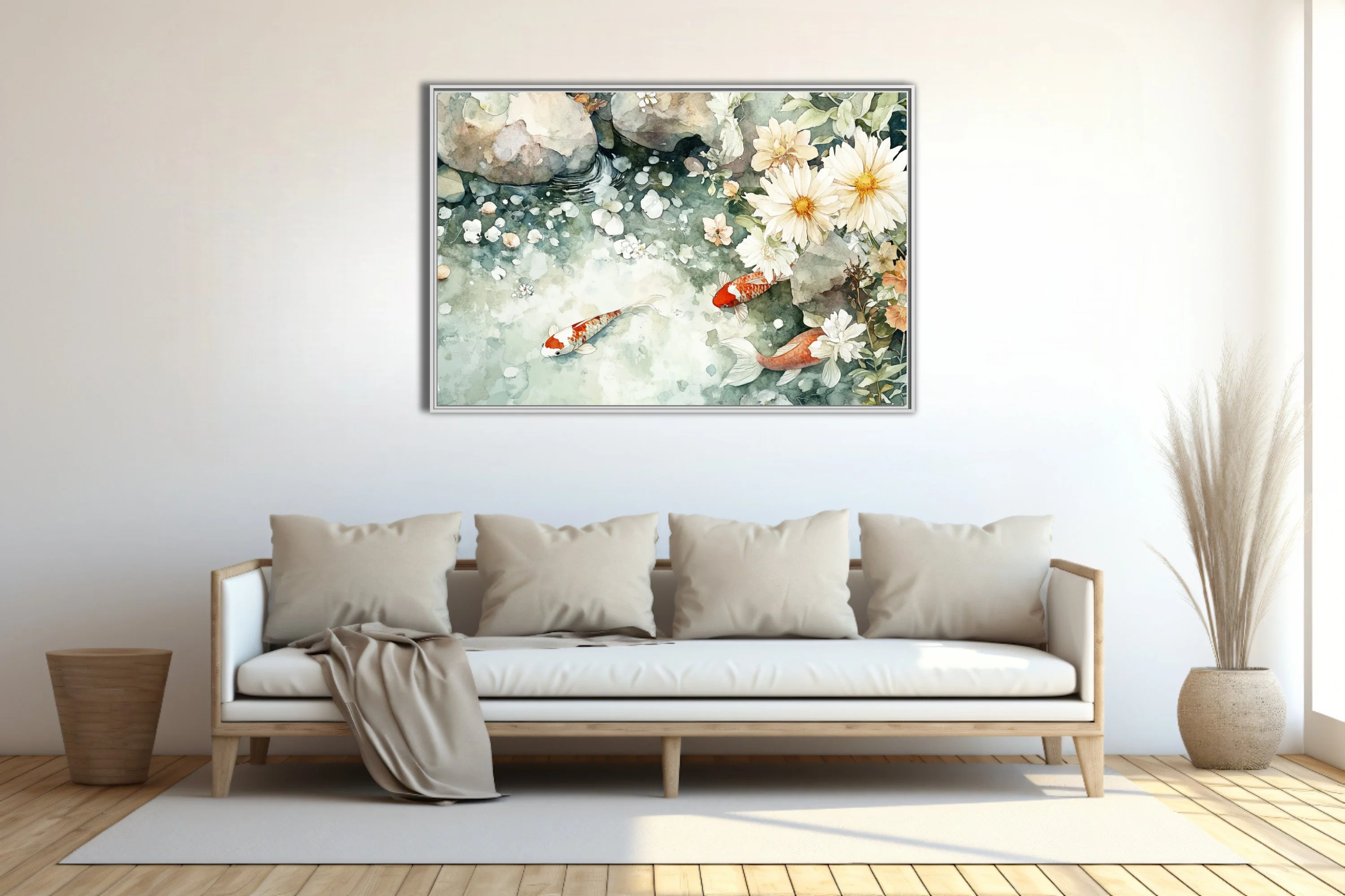 Watercolor-style koi pond with white daisy blooms and stone — sage green palette