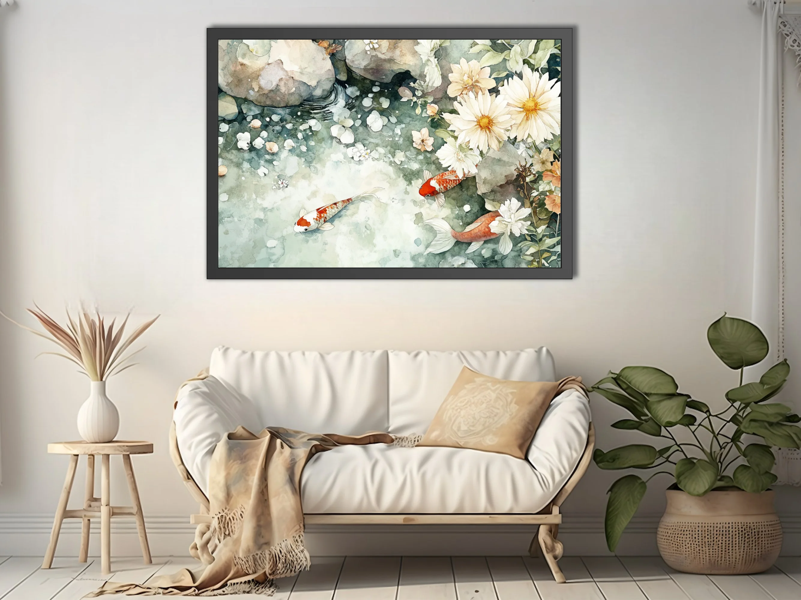 Watercolor-style koi pond with white daisy blooms and stone — sage green palette
