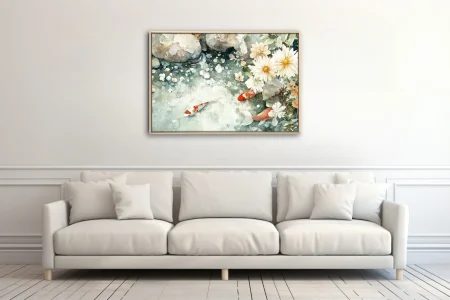 Watercolor-style koi pond with white daisy blooms and stone — sage green palette