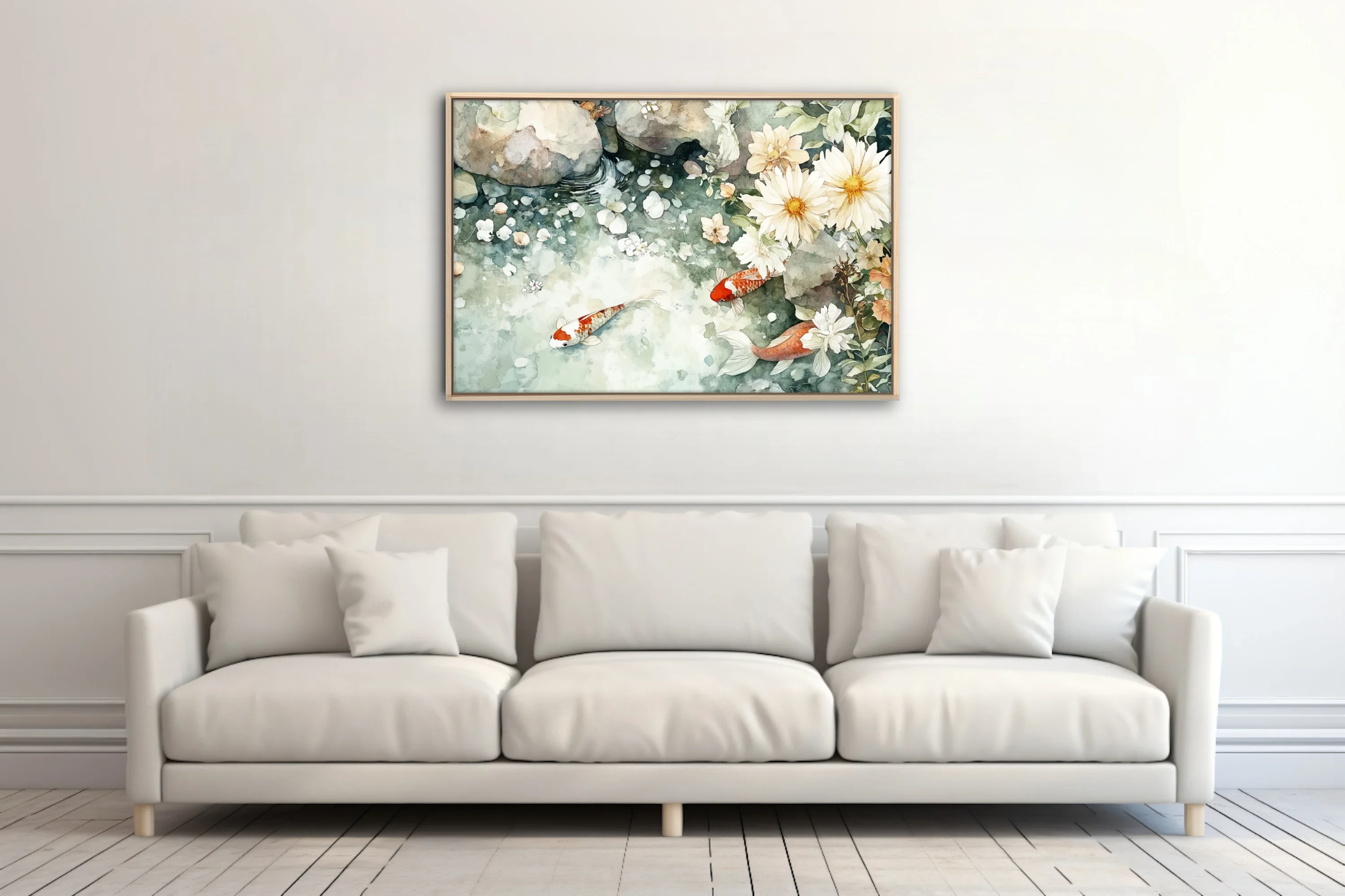 Watercolor-style koi pond with white daisy blooms and stone — sage green palette