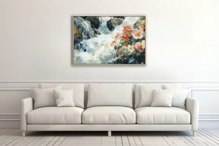 Watercolor-style wild roses beside a rushing rocky stream, coral and white palette