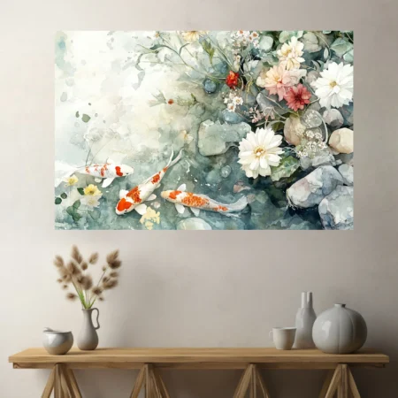 Minimalist watercolor-style koi pond with florals and stones in soft celadon tones