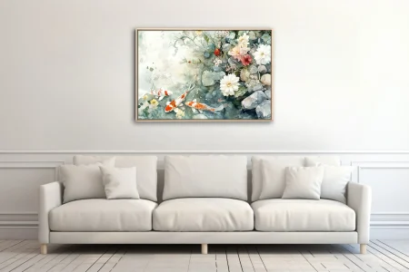 Minimalist watercolor-style koi pond with florals and stones in soft celadon tones