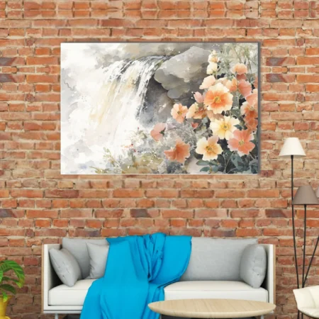 Watercolor-style floral waterfall scene in soft peach, coral, and misty grey tones