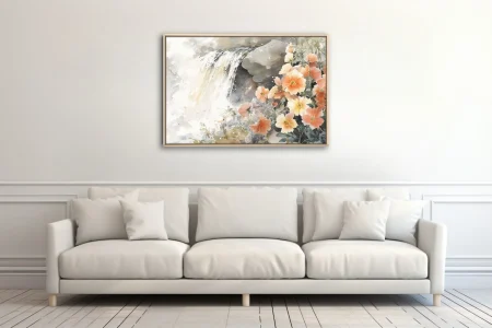 Watercolor-style floral waterfall scene in soft peach, coral, and misty grey tones