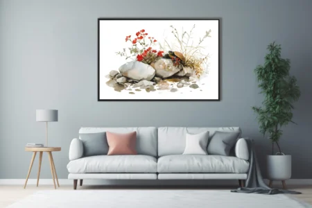 Watercolor-style turtle on rocks with red flowers and dry grasses, earthy tones