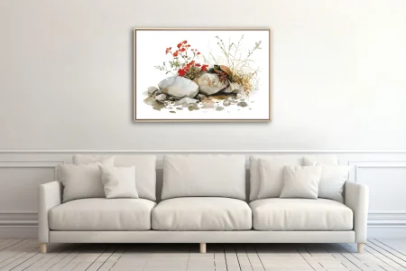 Watercolor-style turtle on rocks with red flowers and dry grasses, earthy tones