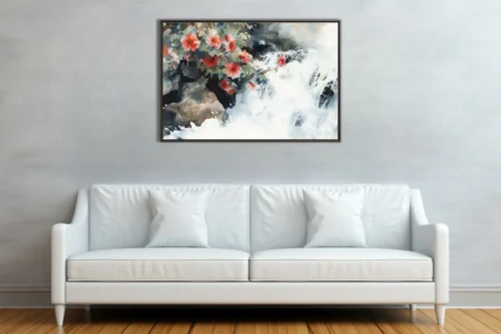 Chinese ink-wash style red florals over rushing stream, dark rocks, vivid coral blooms
