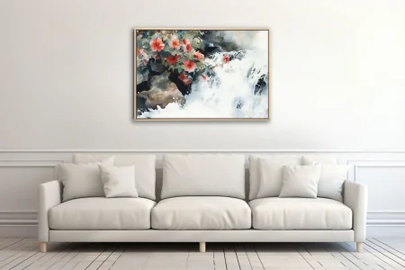 Chinese ink-wash style red florals over rushing stream, dark rocks, vivid coral blooms
