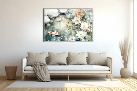 Minimalist koi pond watercolor-effect art with chrysanthemums and river stones