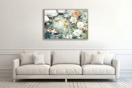 Minimalist koi pond watercolor-effect art with chrysanthemums and river stones