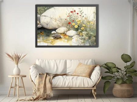 Watercolor-style tortoise among wildflowers and rocks by a stream, soft muted tones