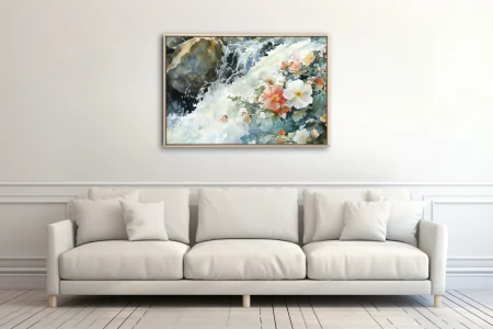 Watercolor-style wild roses beside rushing stream, coral and white blooms, soft ink-wash palette