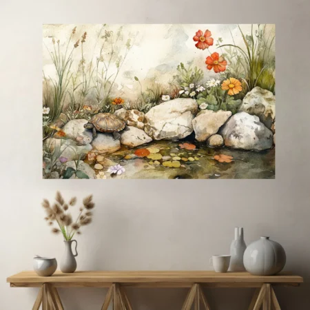 Watercolor-style tortoise among wildflowers and rocks beside a still garden pool