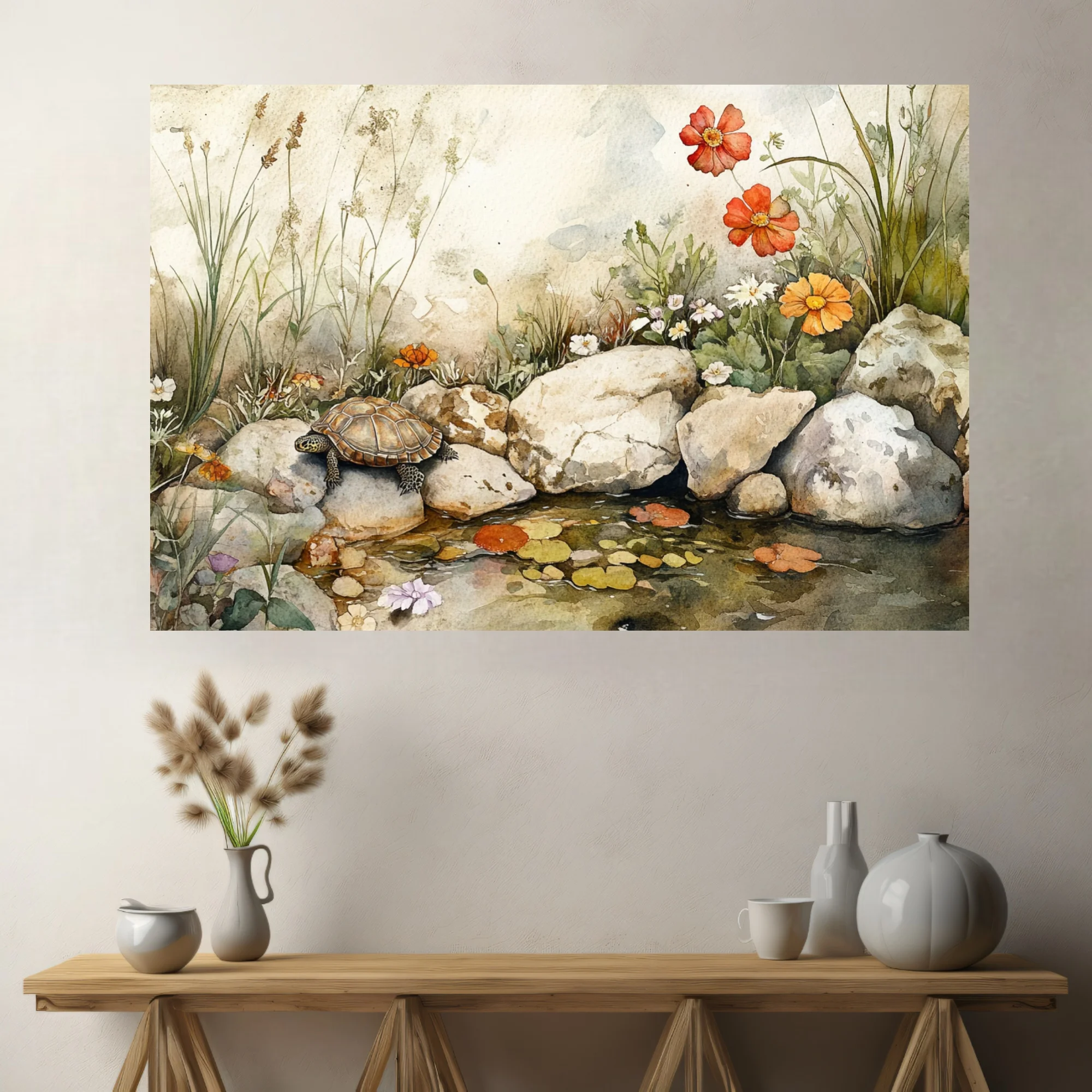Watercolor-style tortoise among wildflowers and rocks beside a still garden pool
