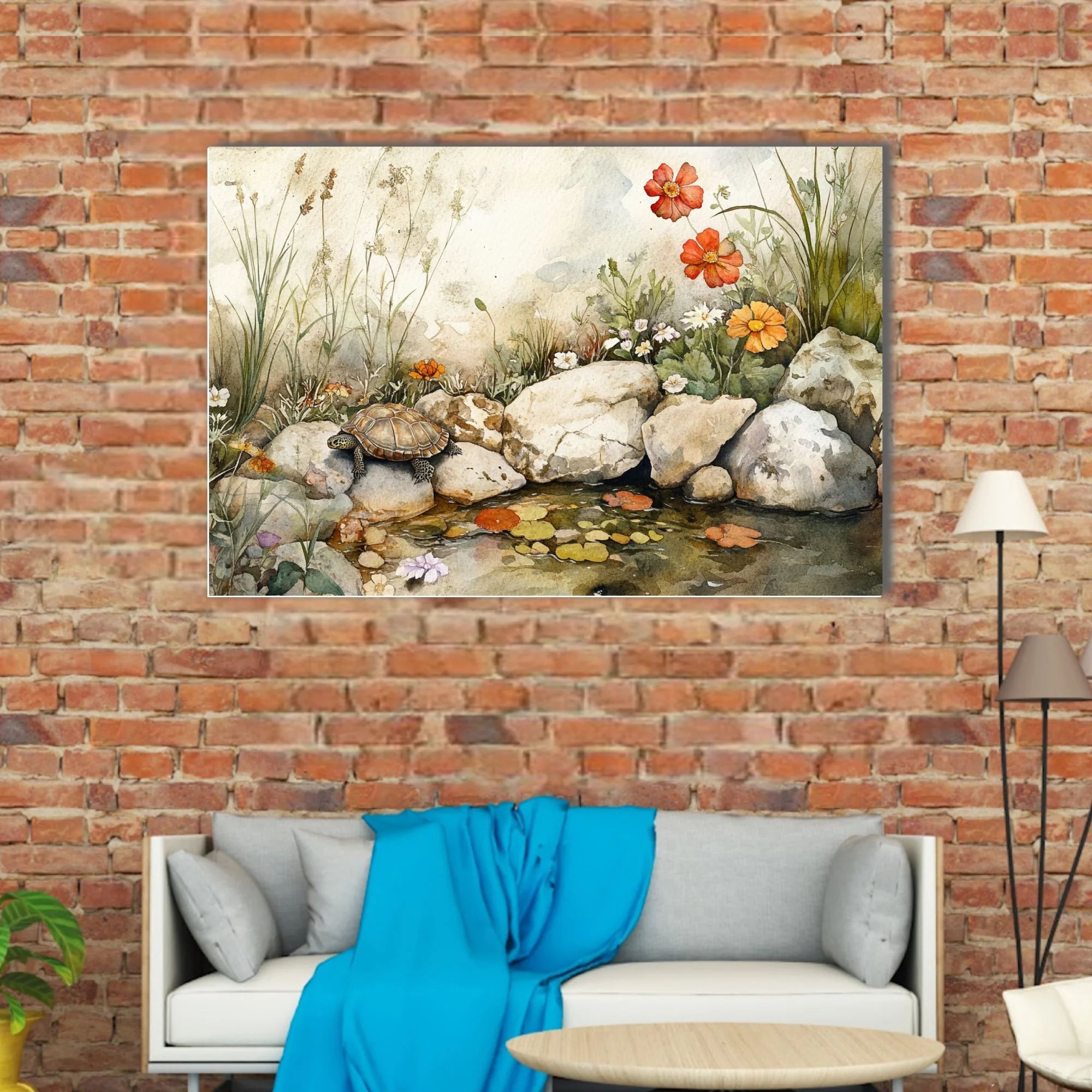 Watercolor-style tortoise among wildflowers and rocks beside a still garden pool