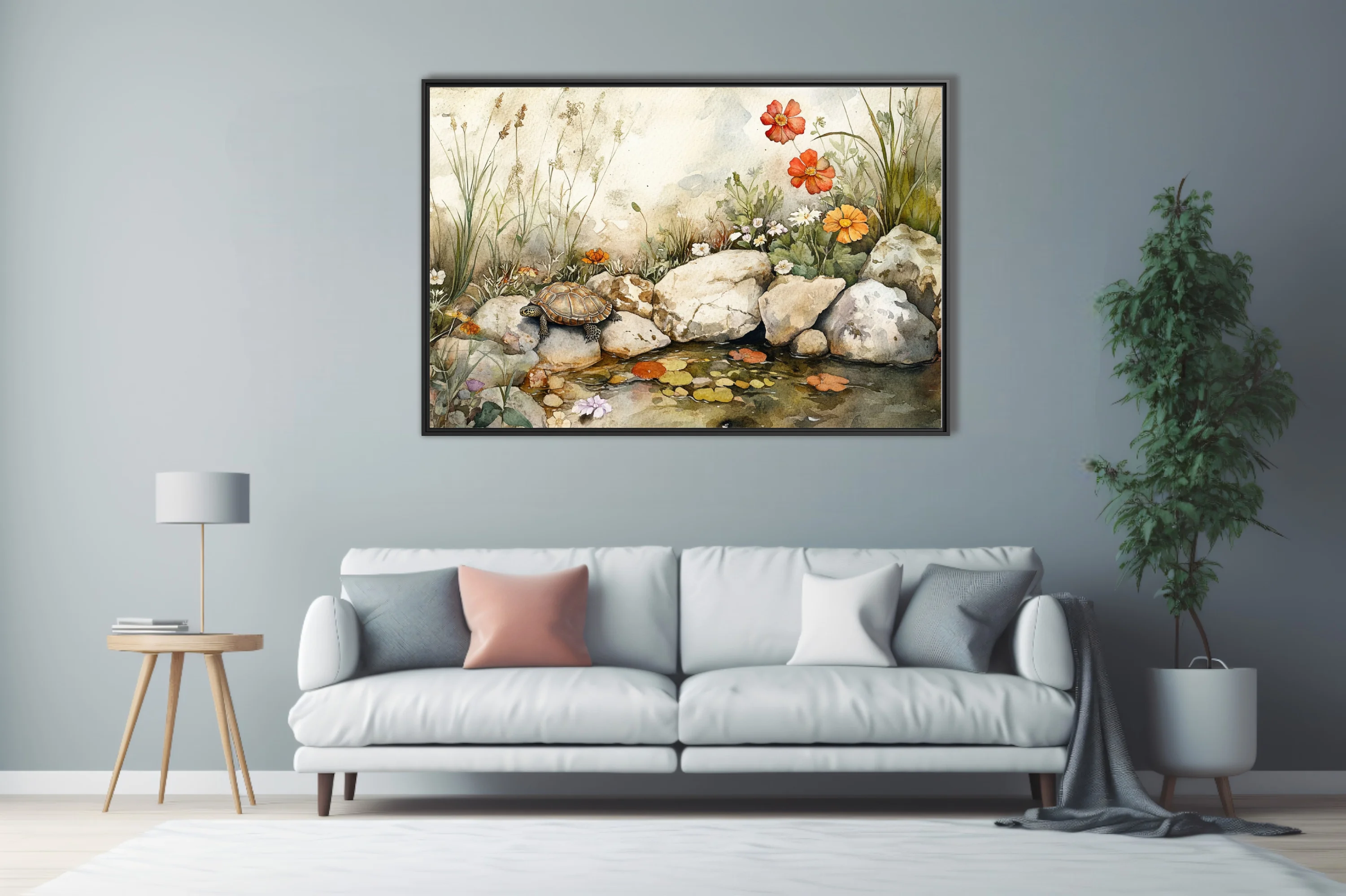 Watercolor-style tortoise among wildflowers and rocks beside a still garden pool