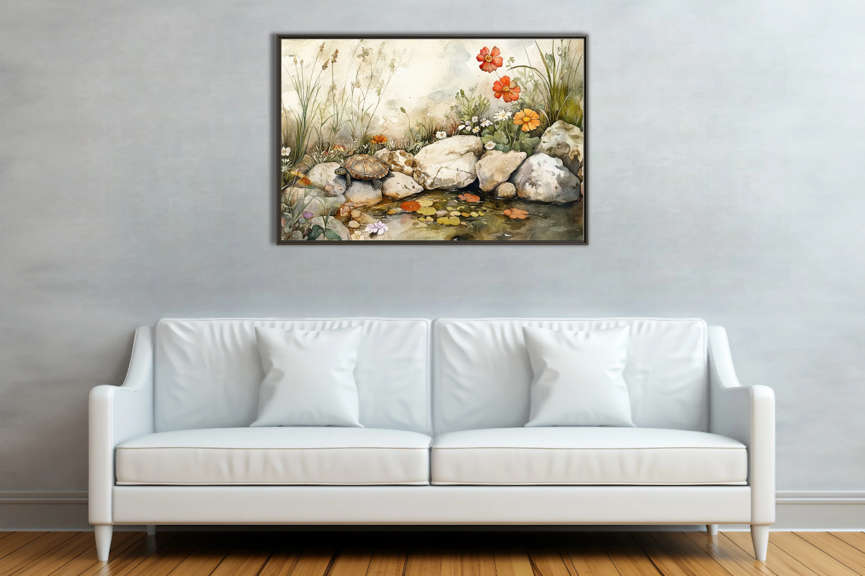 Watercolor-style tortoise among wildflowers and rocks beside a still garden pool