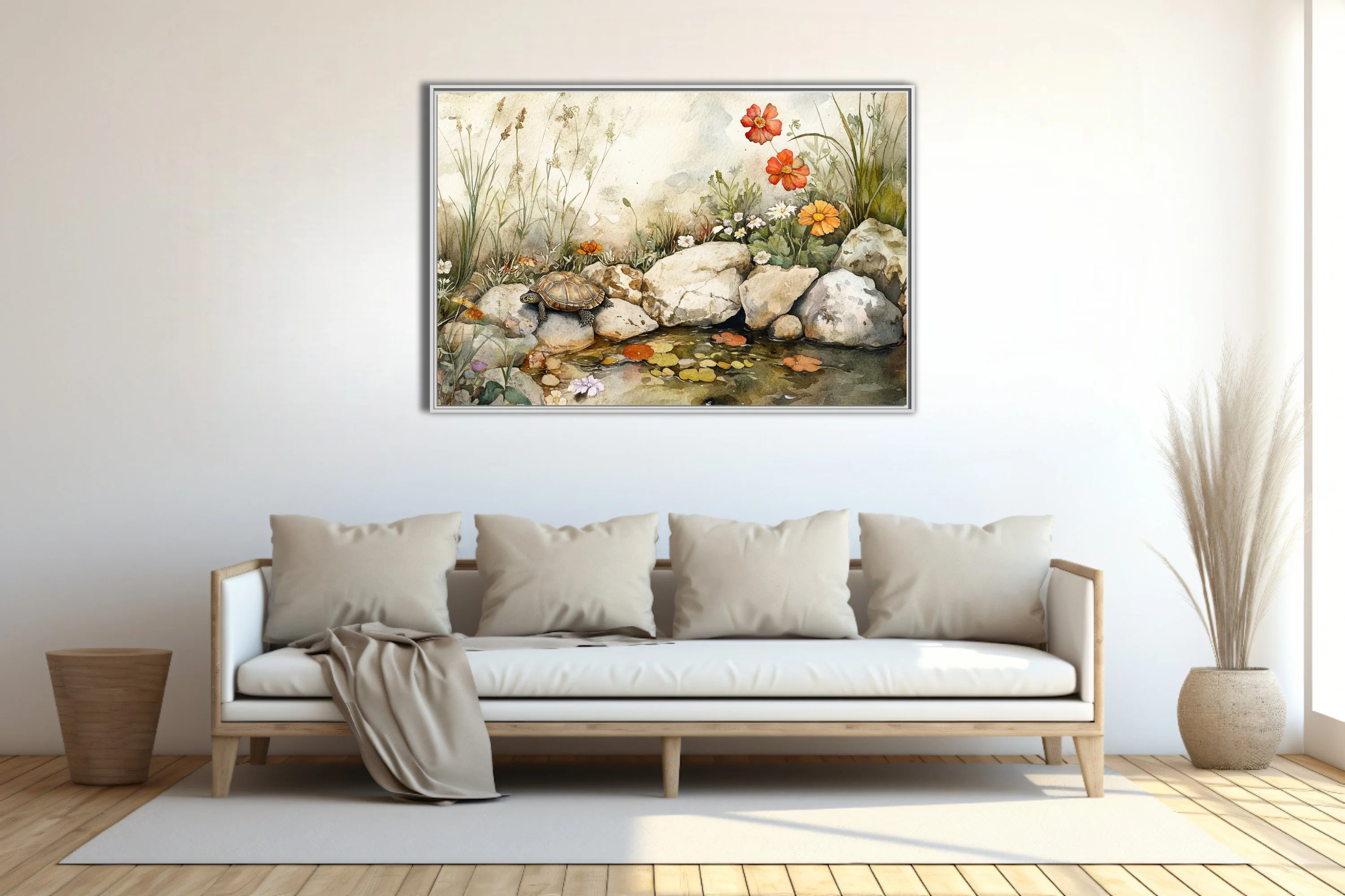 Watercolor-style tortoise among wildflowers and rocks beside a still garden pool