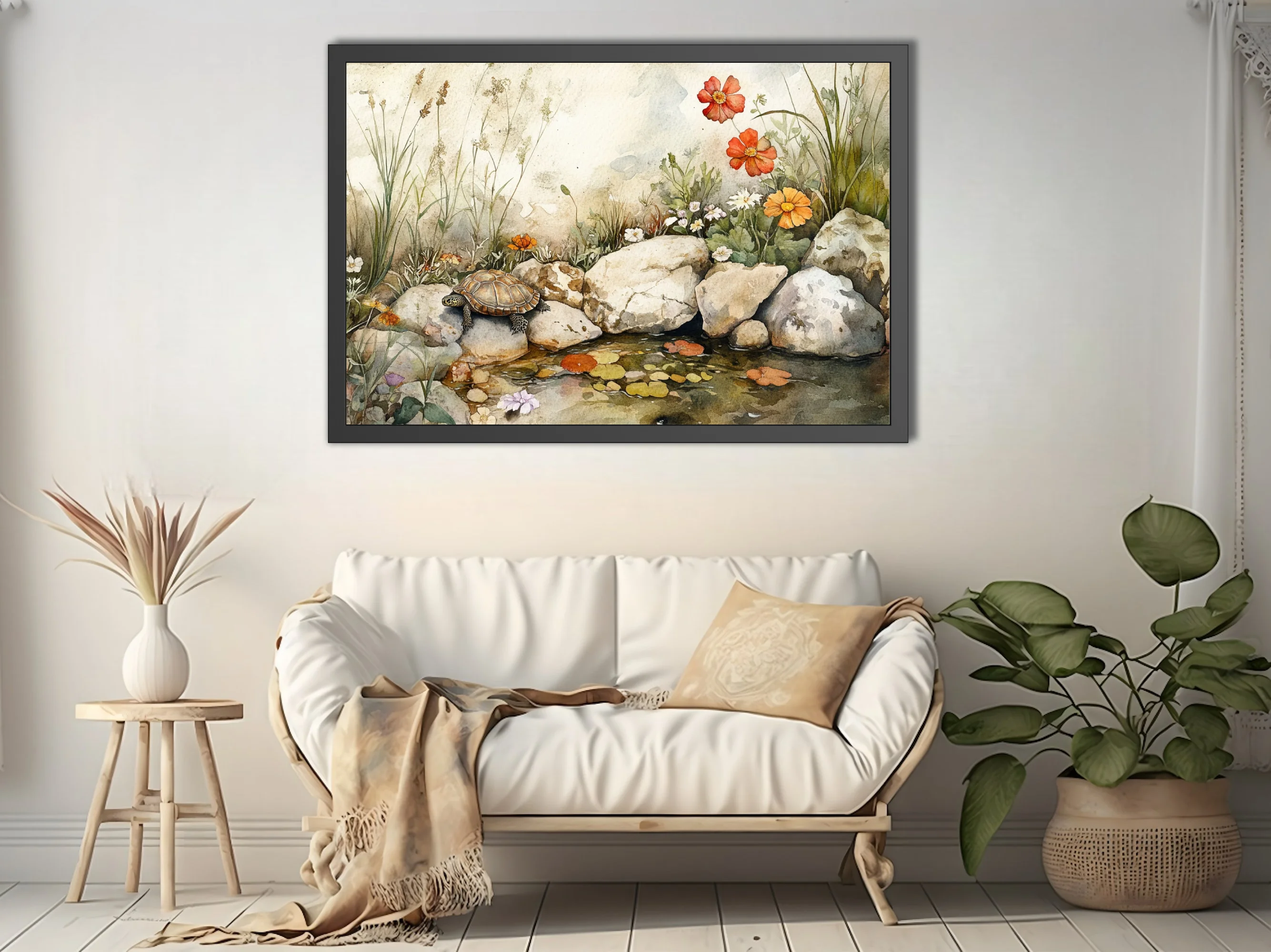 Watercolor-style tortoise among wildflowers and rocks beside a still garden pool