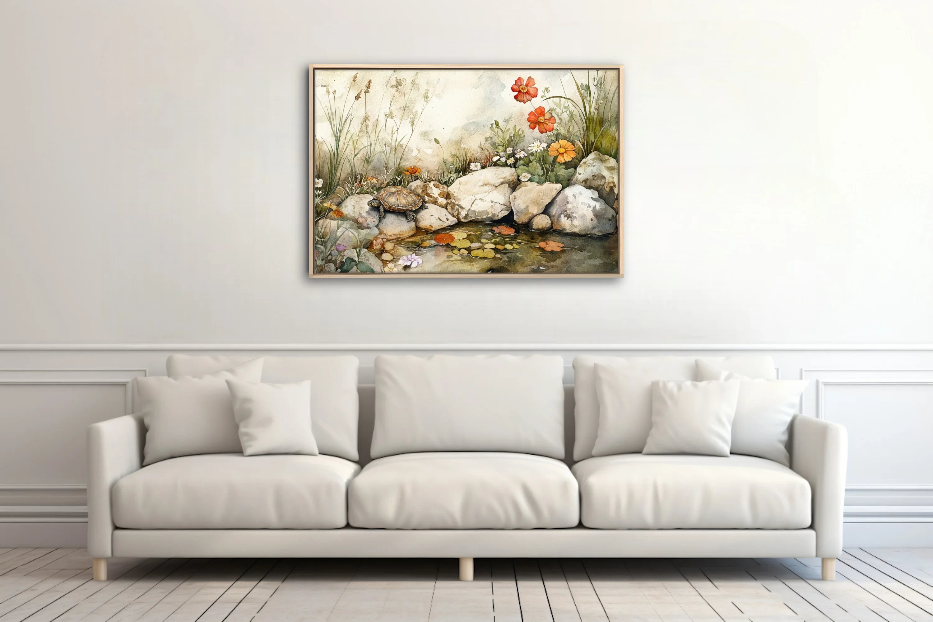 Watercolor-style tortoise among wildflowers and rocks beside a still garden pool