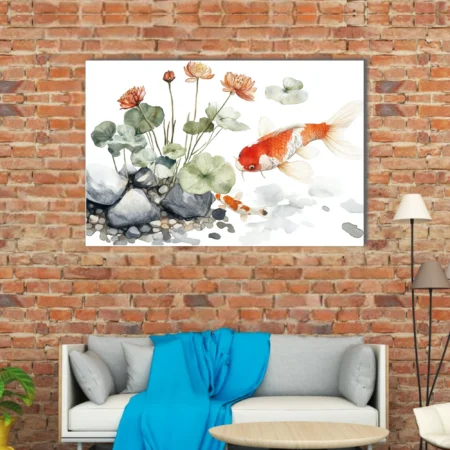 Minimalist watercolor-style koi fish and lotus botanical illustration, soft earthy tones