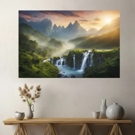 Dramatic sunrise mountain waterfall landscape with cascading water and misty peaks