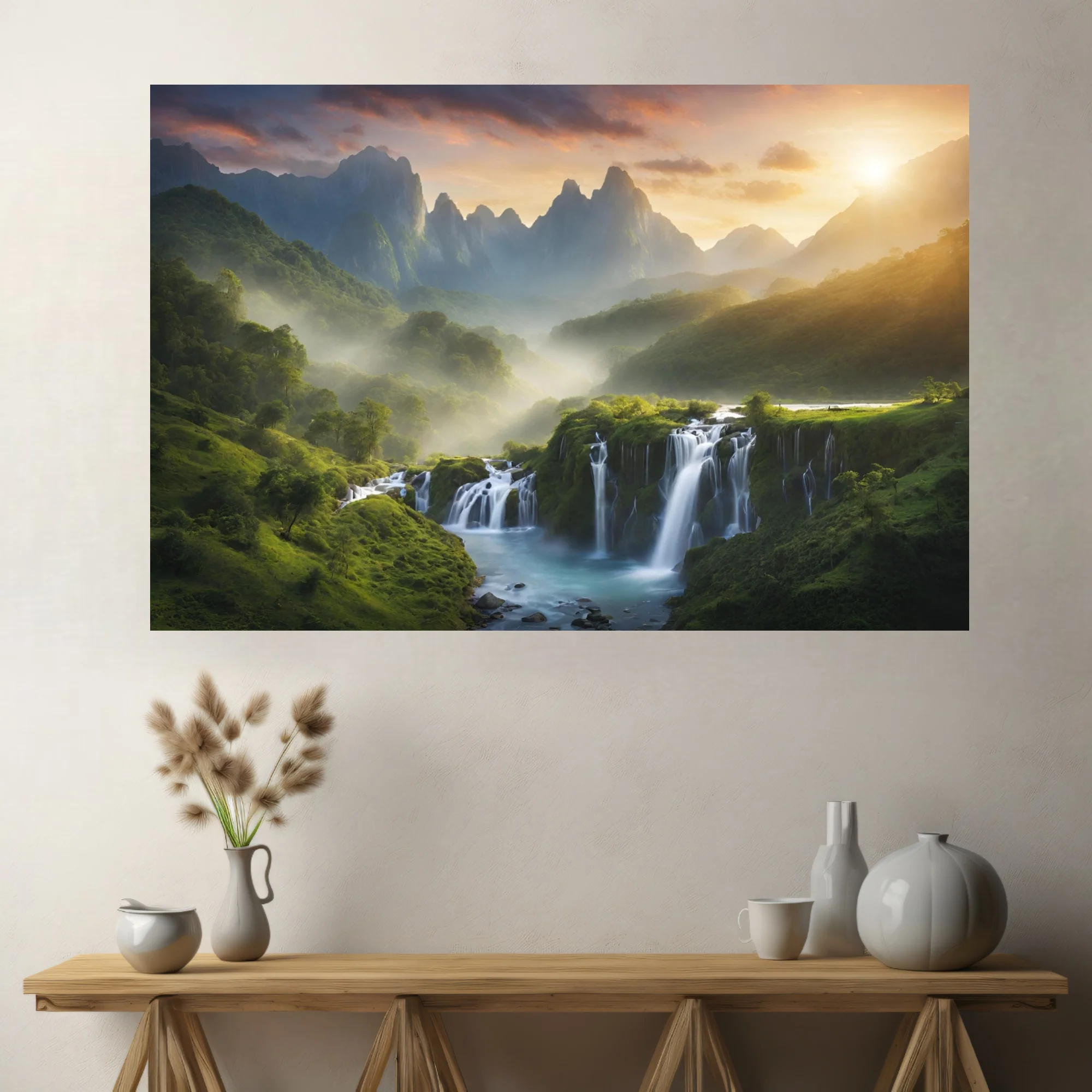 Dramatic sunrise mountain waterfall landscape with cascading water and misty peaks