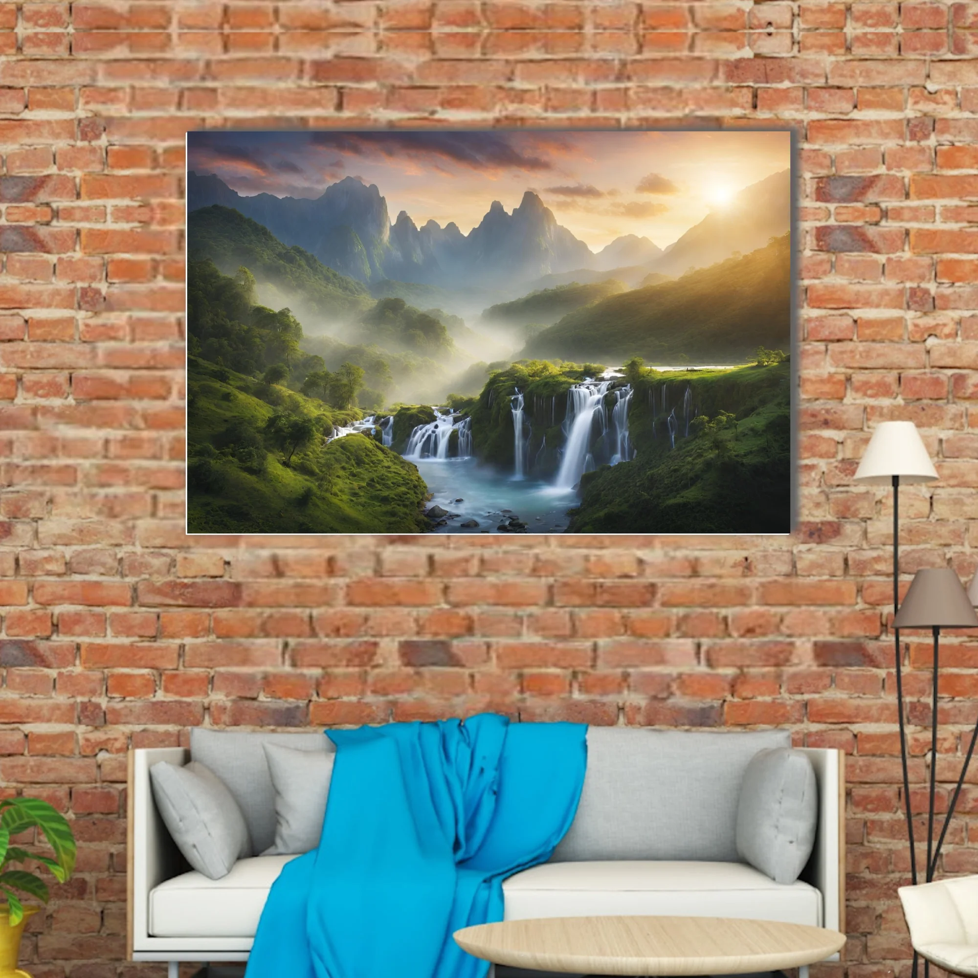 Dramatic sunrise mountain waterfall landscape with cascading water and misty peaks