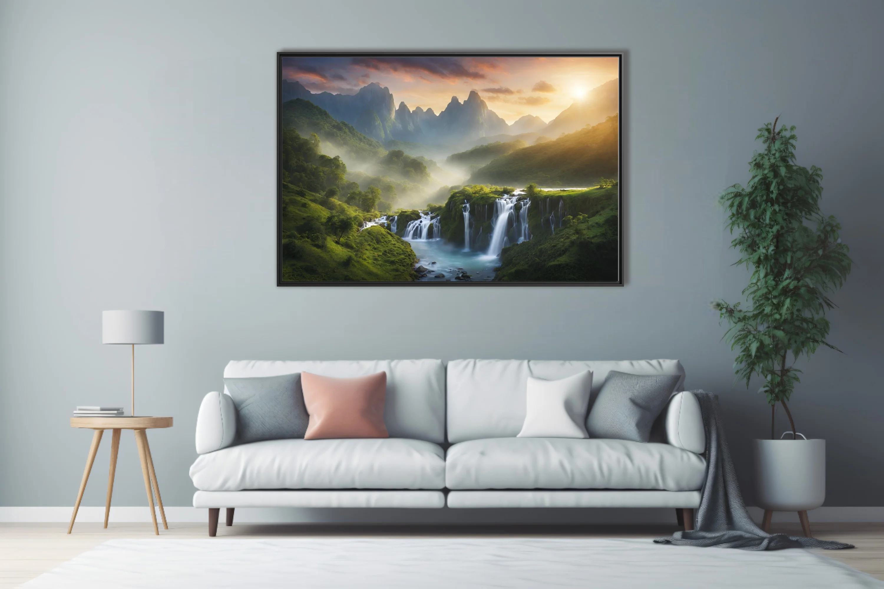 Dramatic sunrise mountain waterfall landscape with cascading water and misty peaks