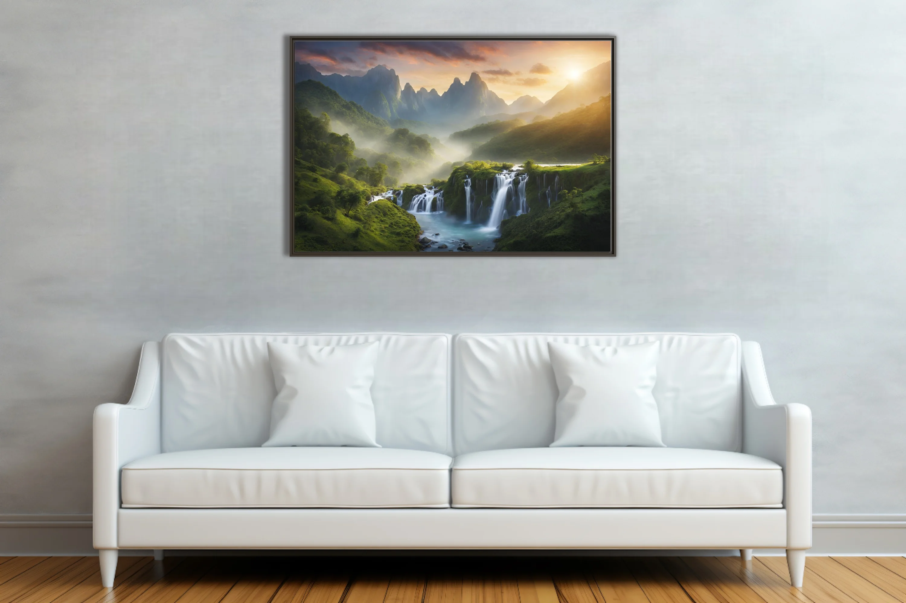 Dramatic sunrise mountain waterfall landscape with cascading water and misty peaks