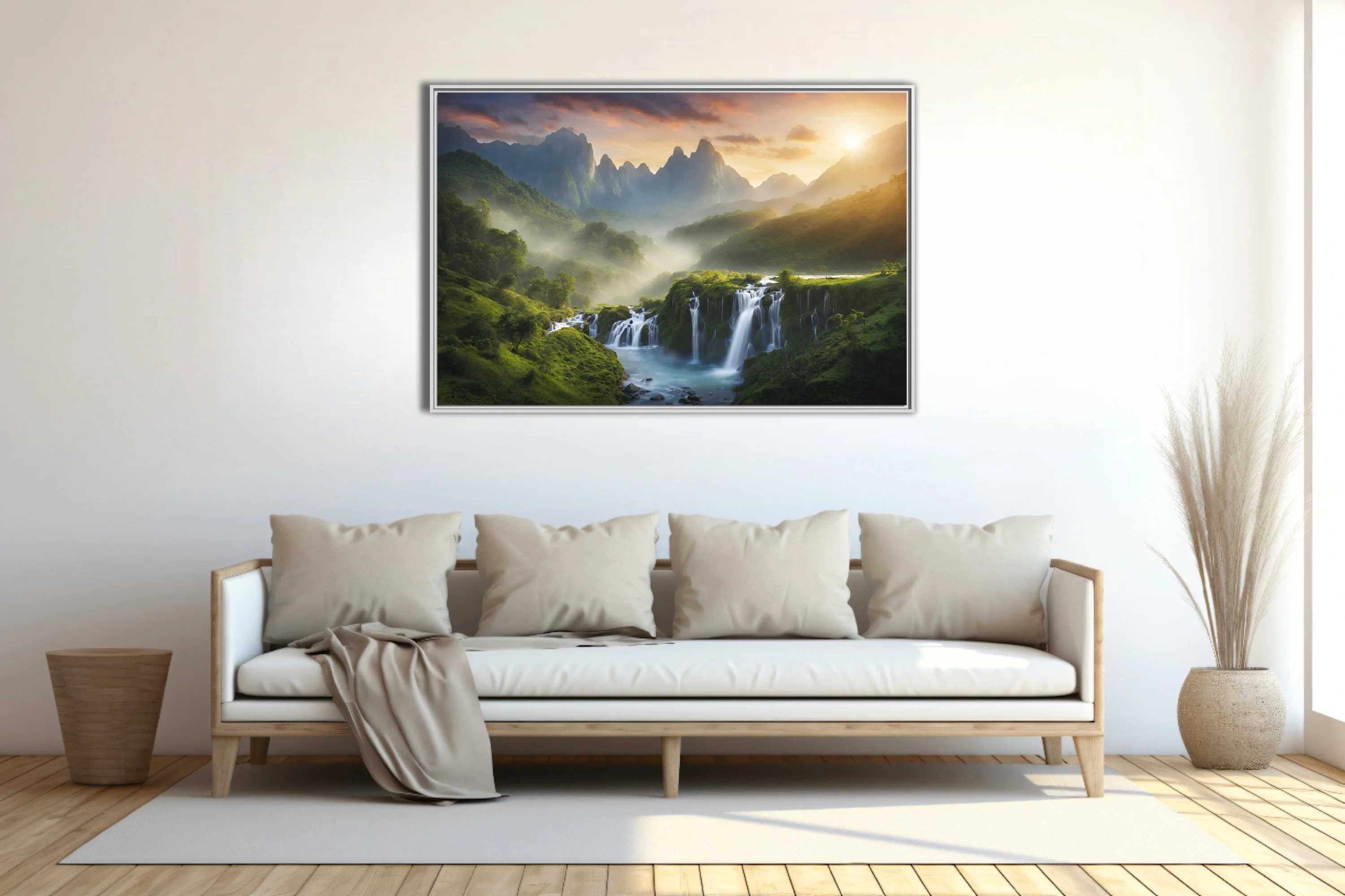 Dramatic sunrise mountain waterfall landscape with cascading water and misty peaks