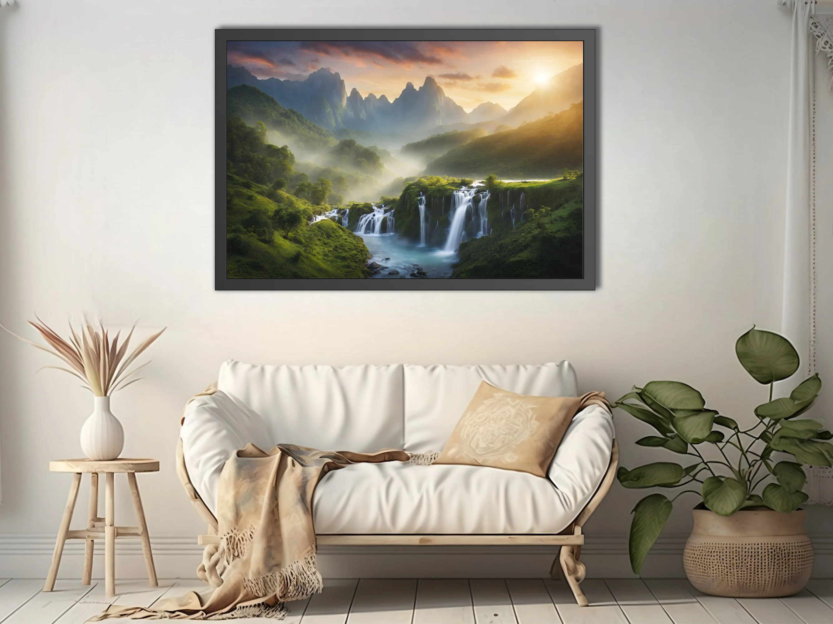 Dramatic sunrise mountain waterfall landscape with cascading water and misty peaks