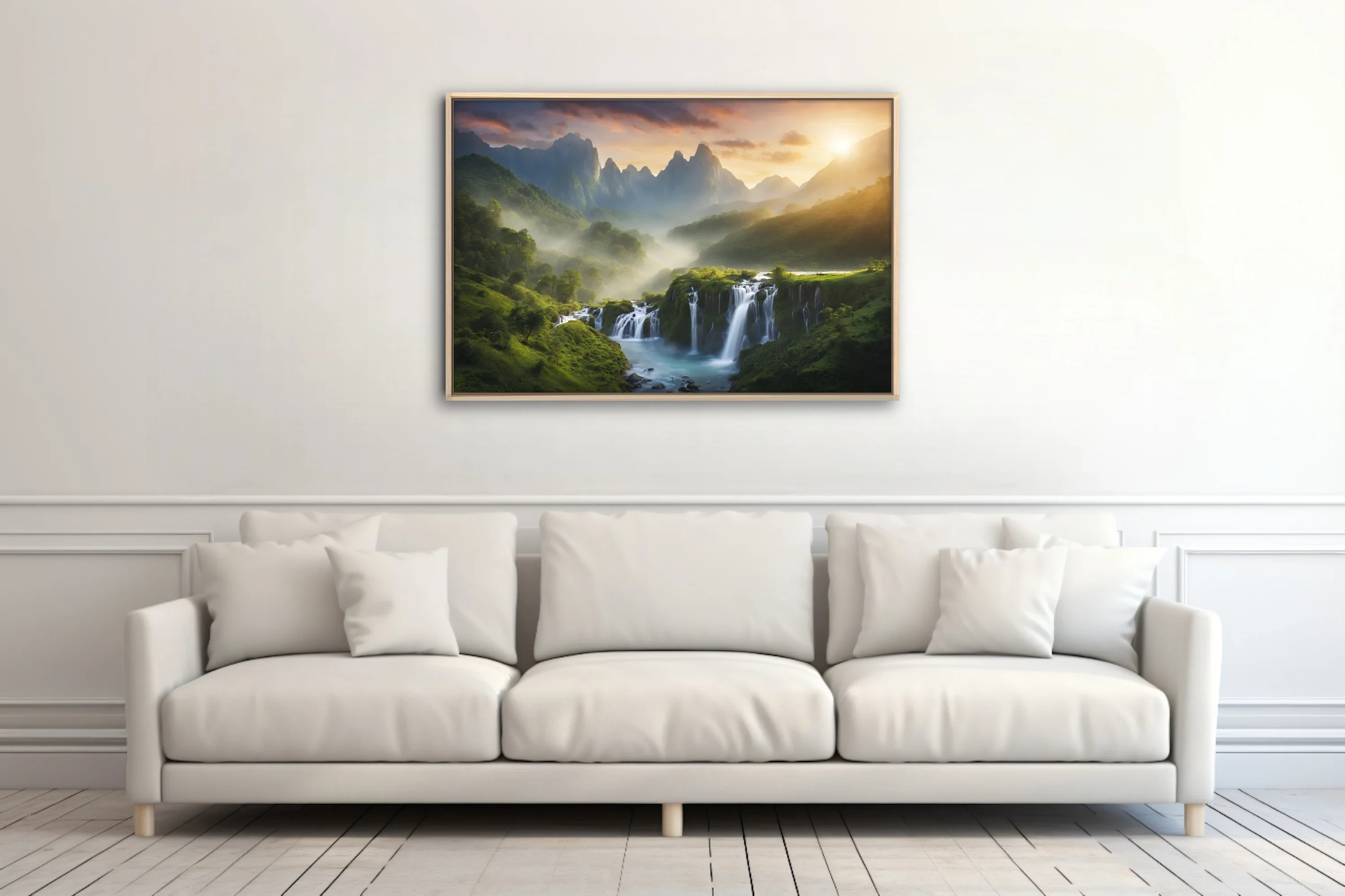 Dramatic sunrise mountain waterfall landscape with cascading water and misty peaks