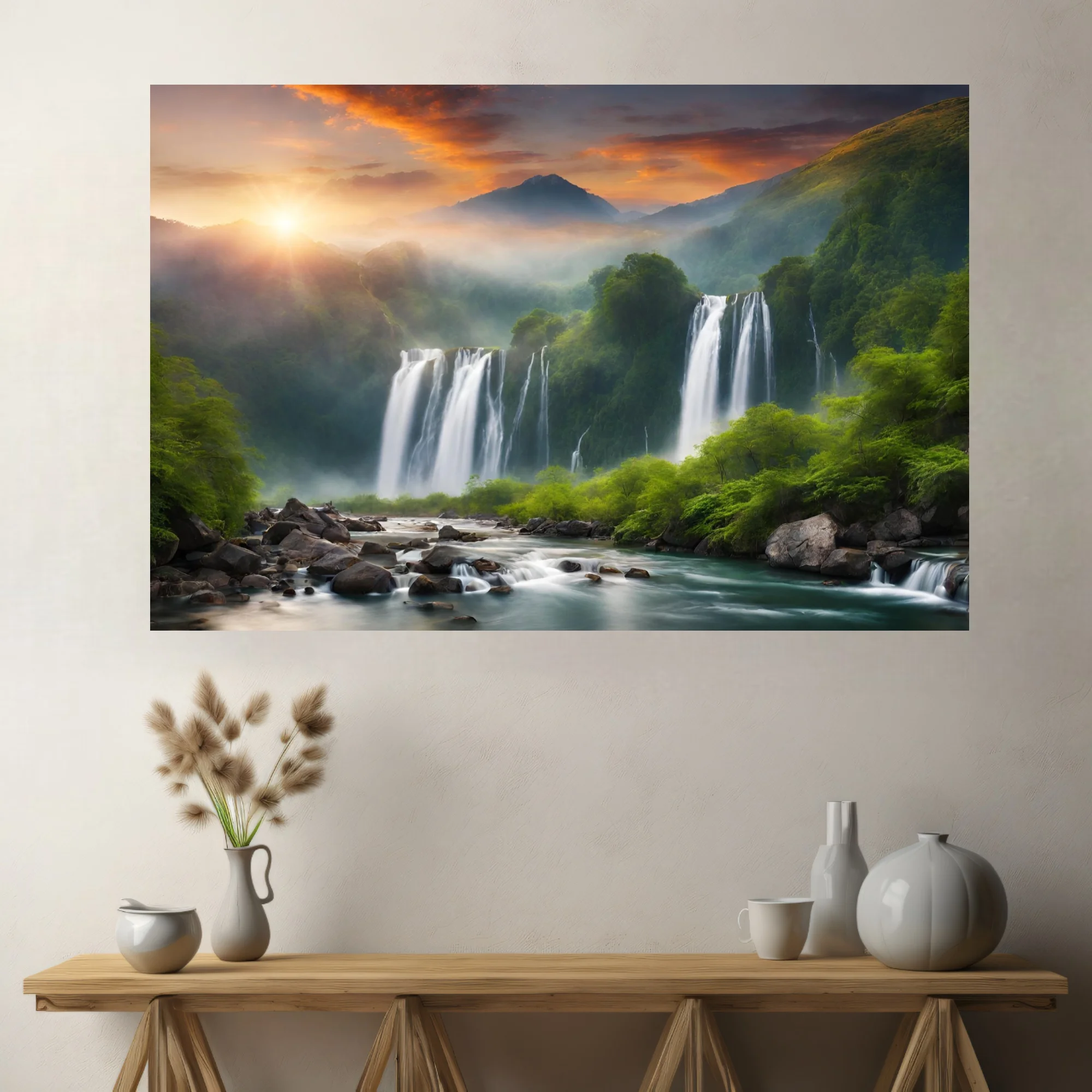 Waterfall landscape with tropical greenery and dramatic sunset sky