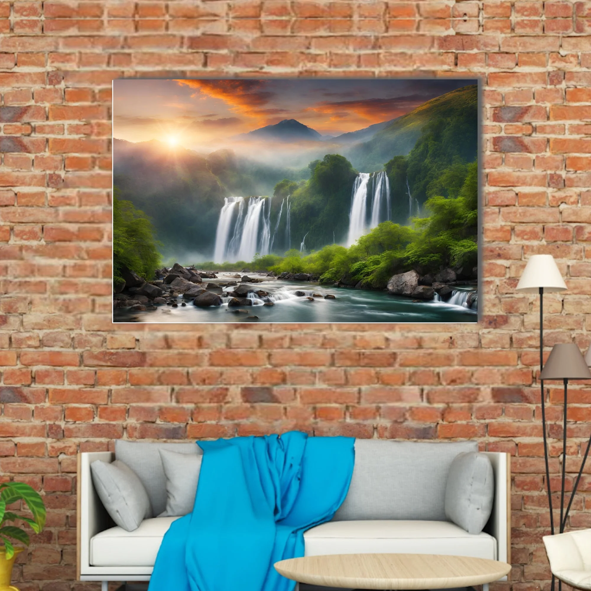 Waterfall landscape with tropical greenery and dramatic sunset sky