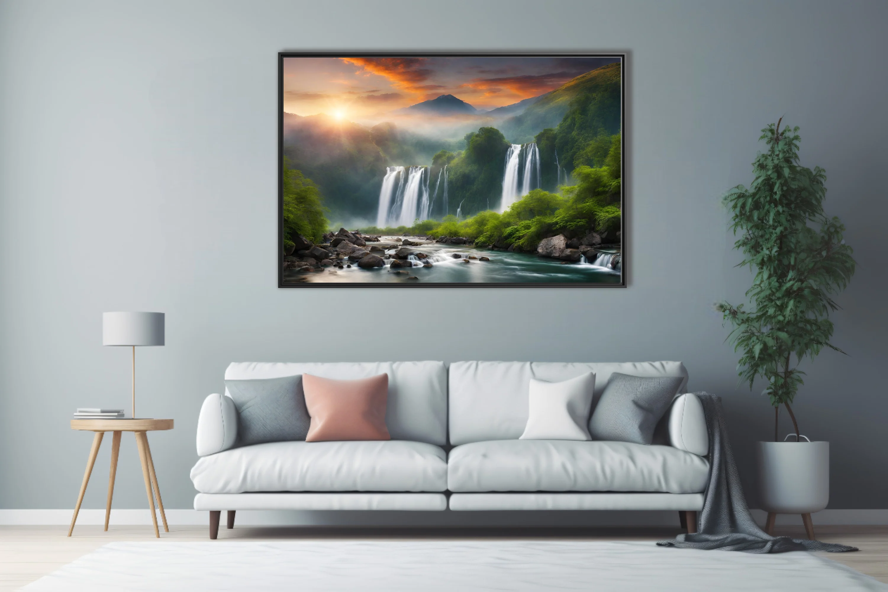 Waterfall landscape with tropical greenery and dramatic sunset sky
