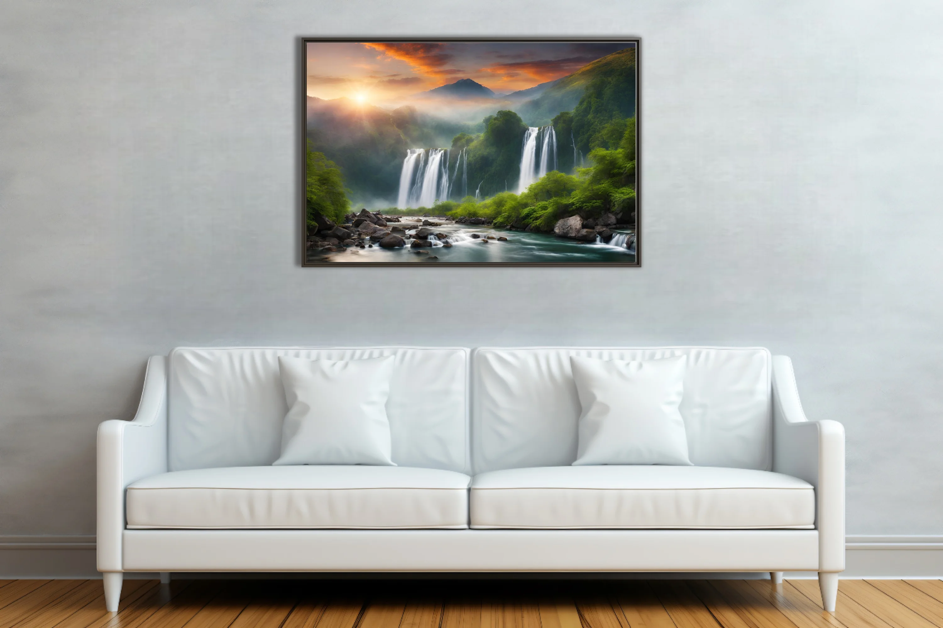 Waterfall landscape with tropical greenery and dramatic sunset sky