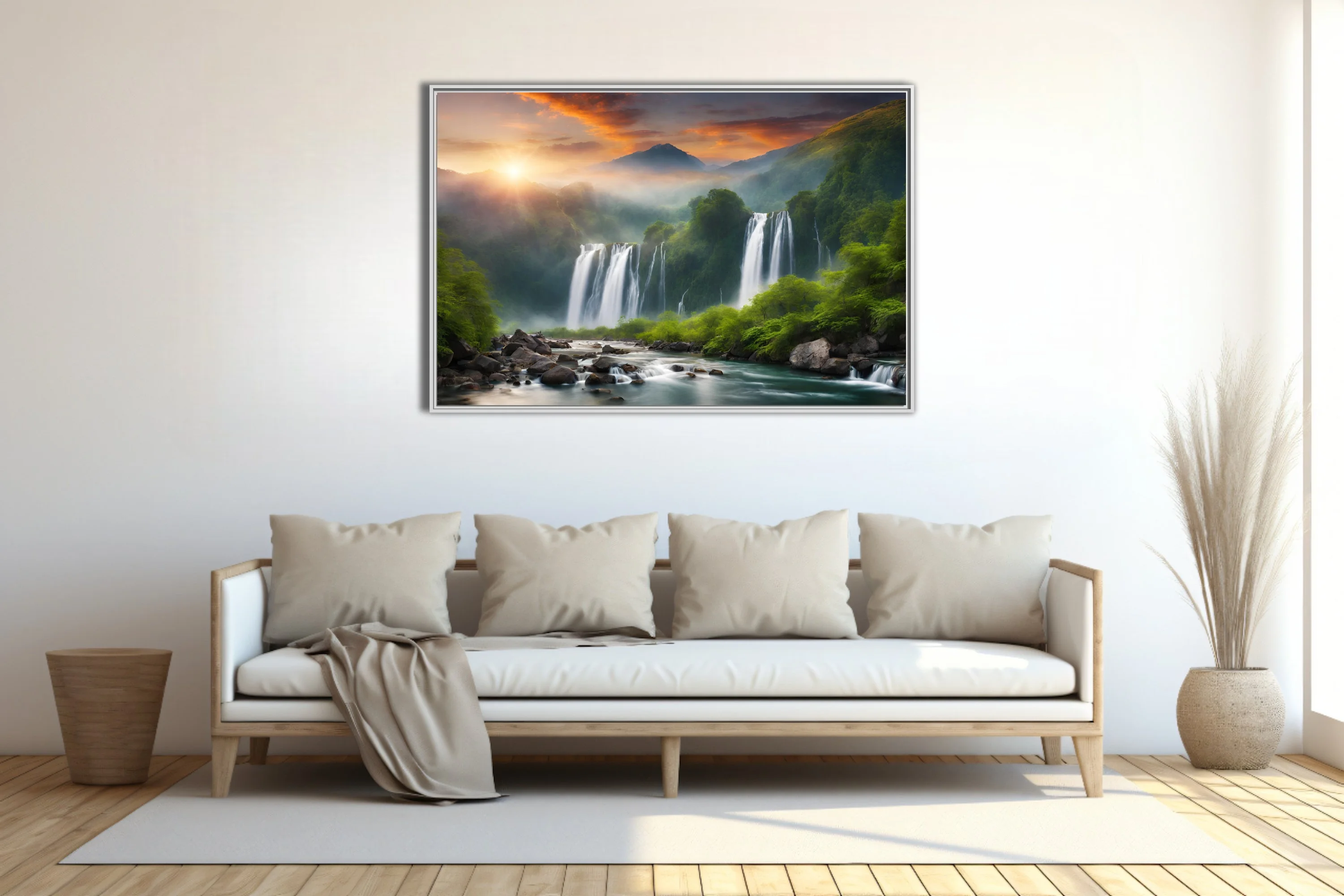 Waterfall landscape with tropical greenery and dramatic sunset sky