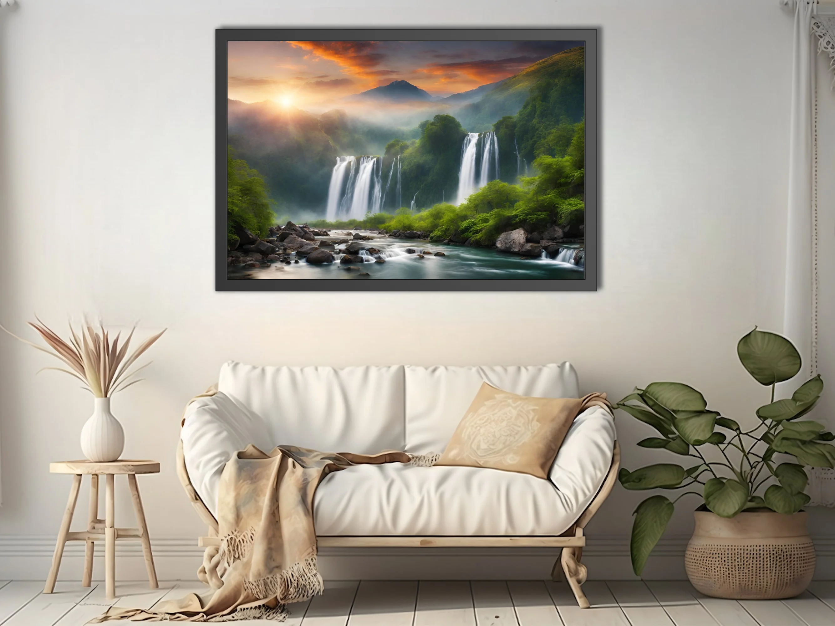 Waterfall landscape with tropical greenery and dramatic sunset sky