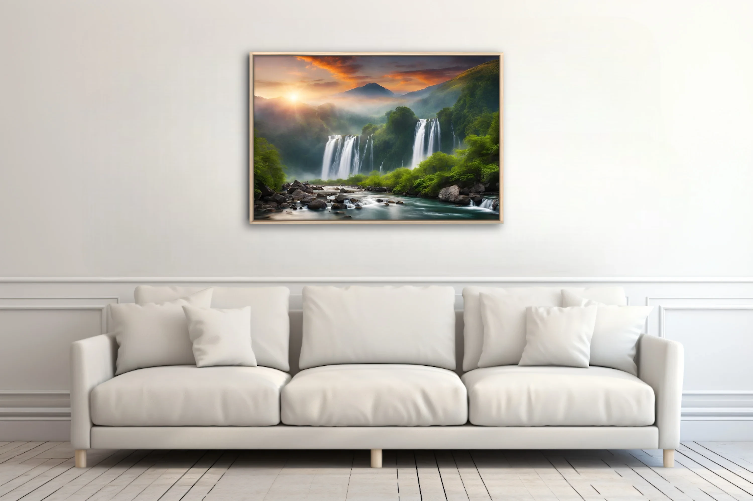 Waterfall landscape with tropical greenery and dramatic sunset sky