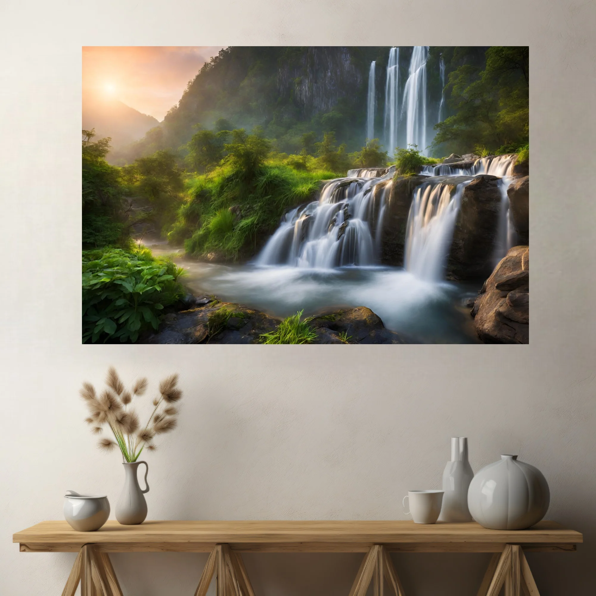 Cinematic waterfall landscape with misty greens and golden sunrise light