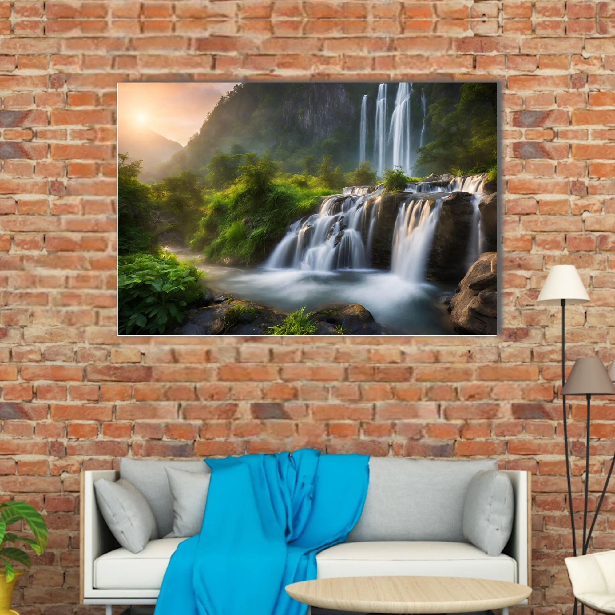 Cinematic waterfall landscape with misty greens and golden sunrise light