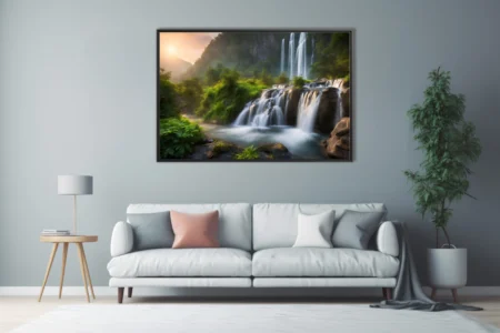 Cinematic waterfall landscape with misty greens and golden sunrise light