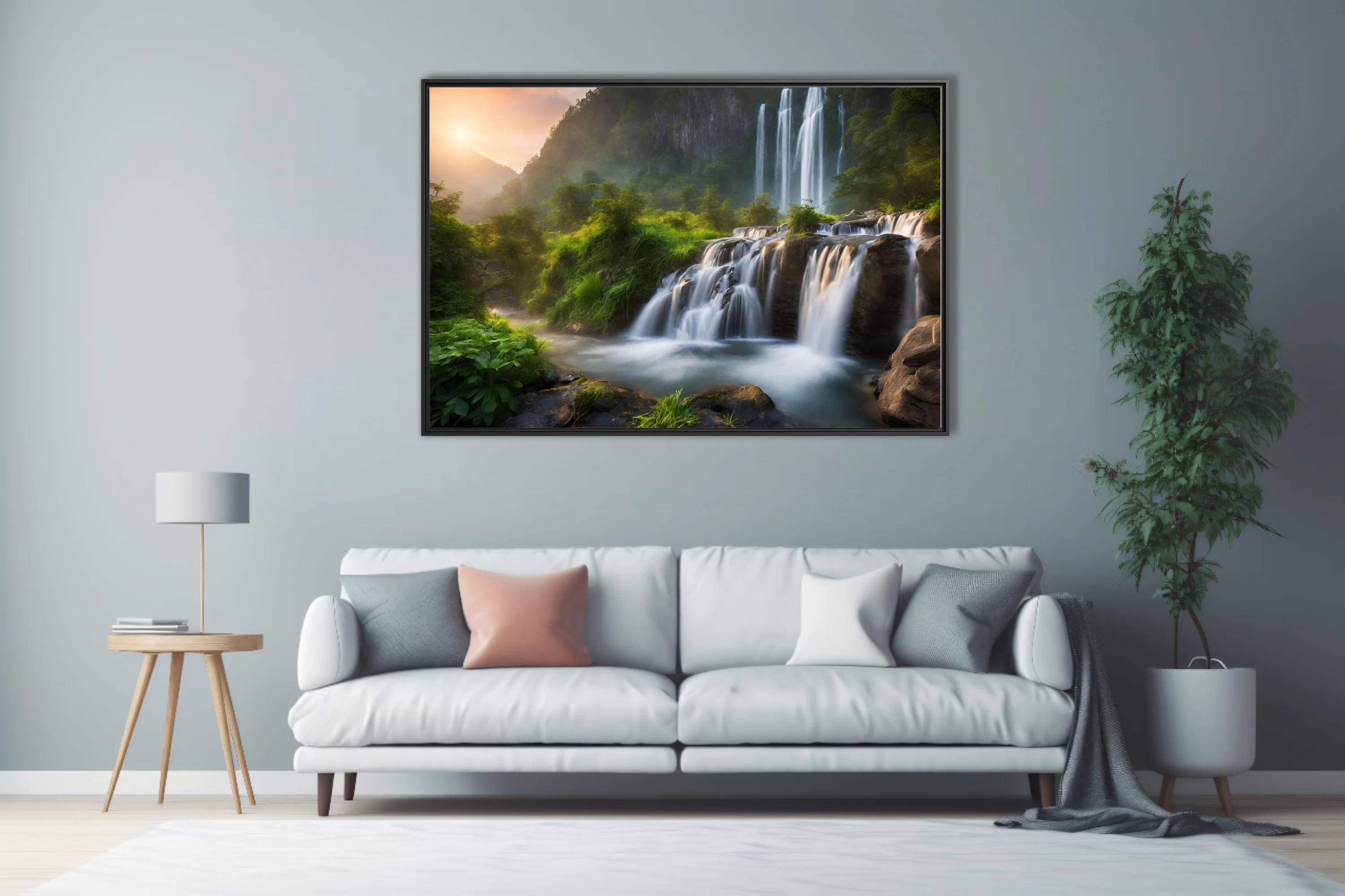 Cinematic waterfall landscape with misty greens and golden sunrise light