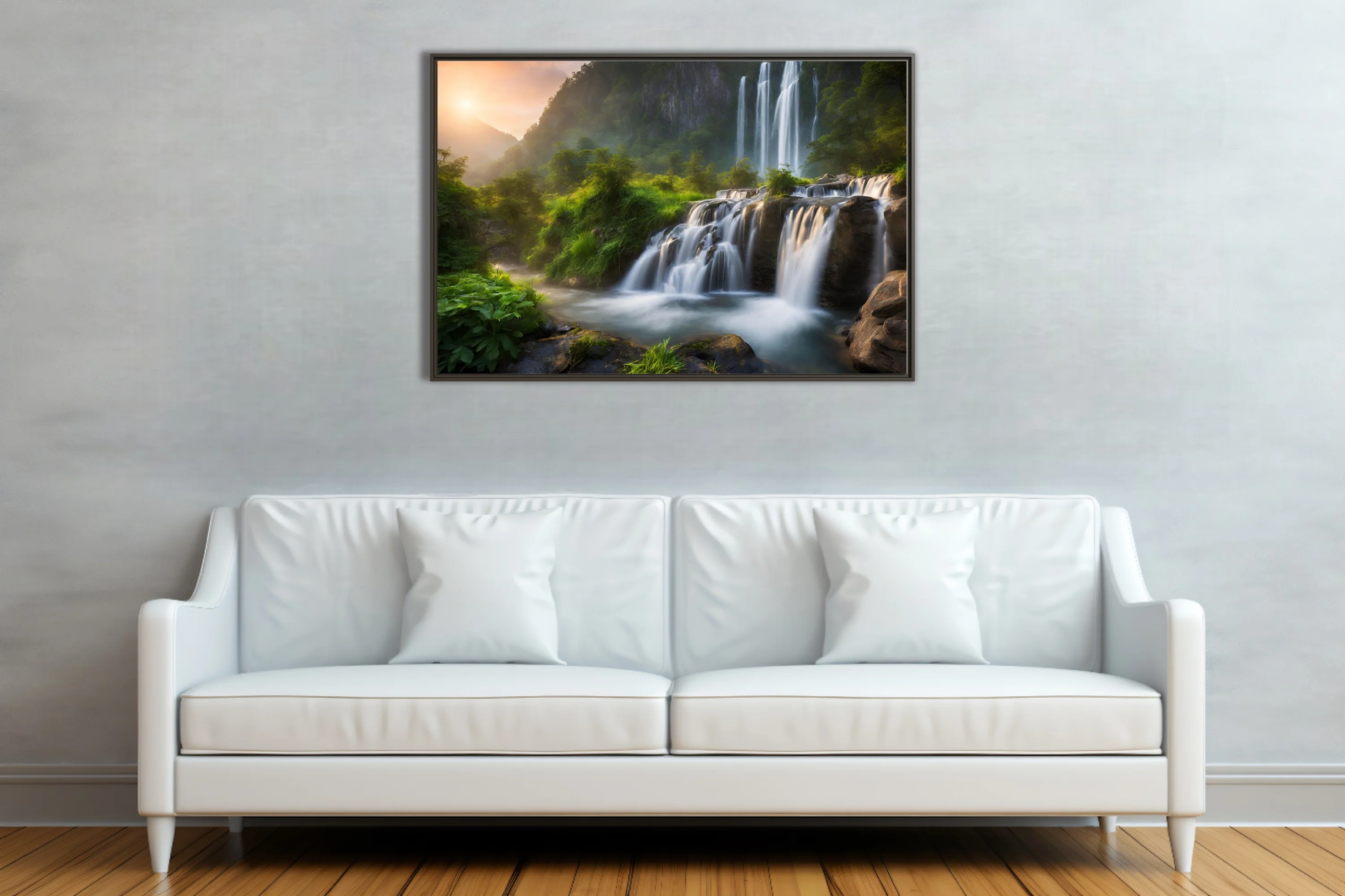 Cinematic waterfall landscape with misty greens and golden sunrise light