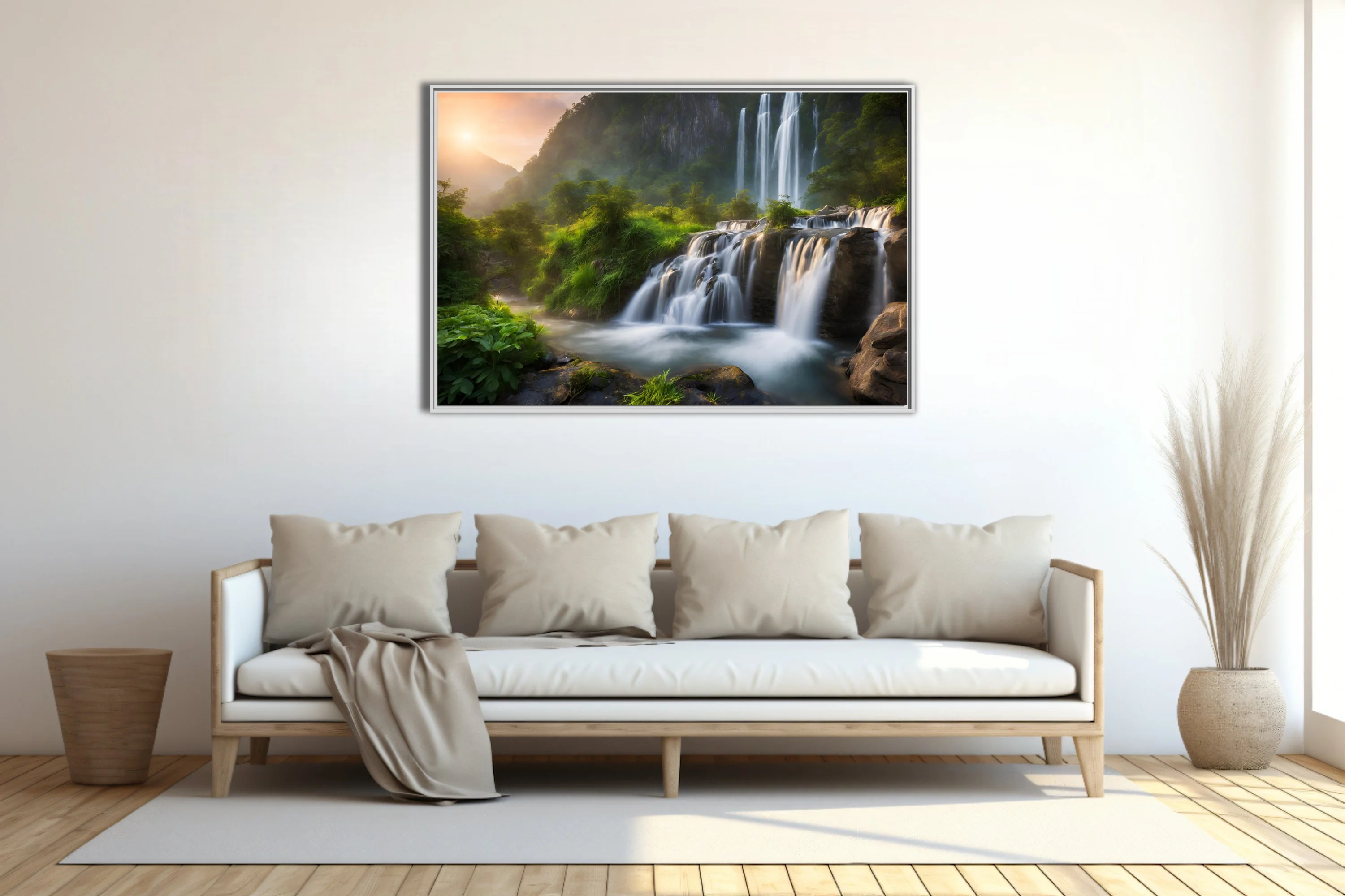 Cinematic waterfall landscape with misty greens and golden sunrise light